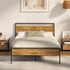 Oikiture Queen Metal Bed Frame Platform Bed Base Natural Black Wood Industrial