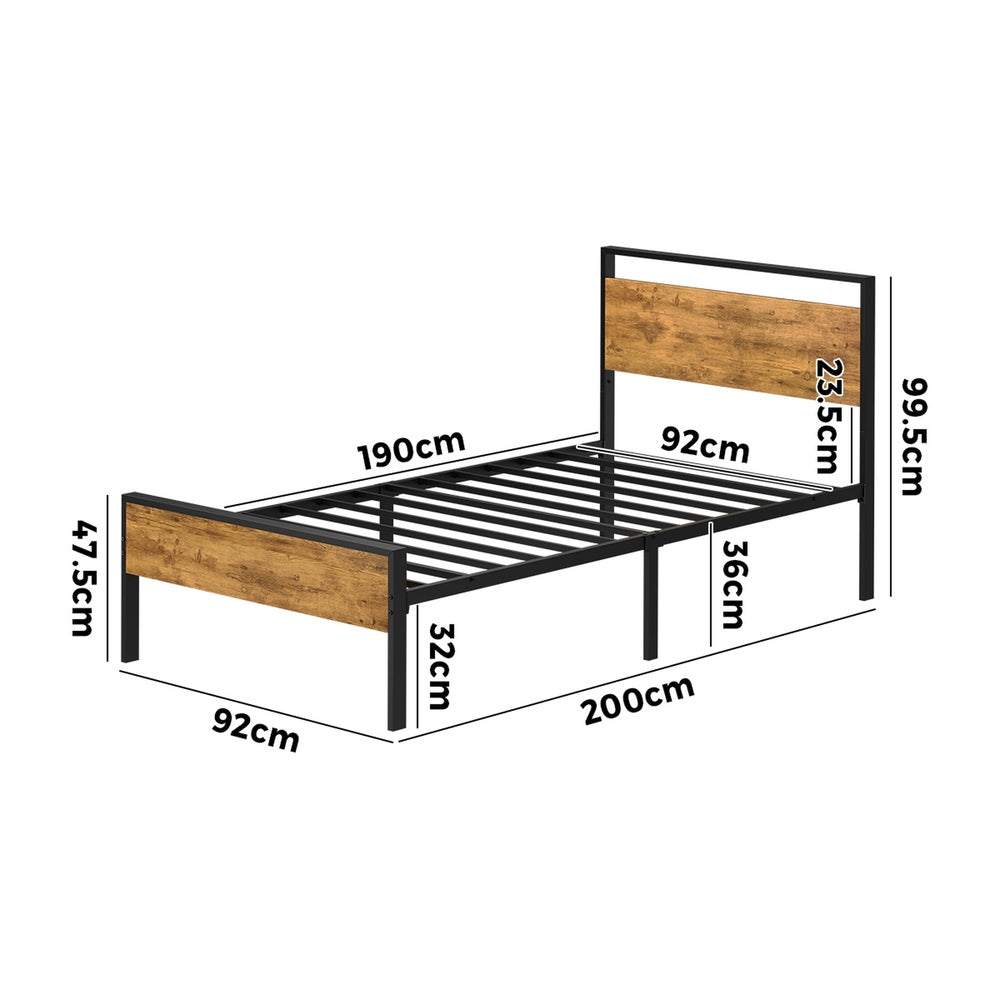 Oikiture Single Metal Bed Frame Platform Bed Base Natural Black Wood Industrial