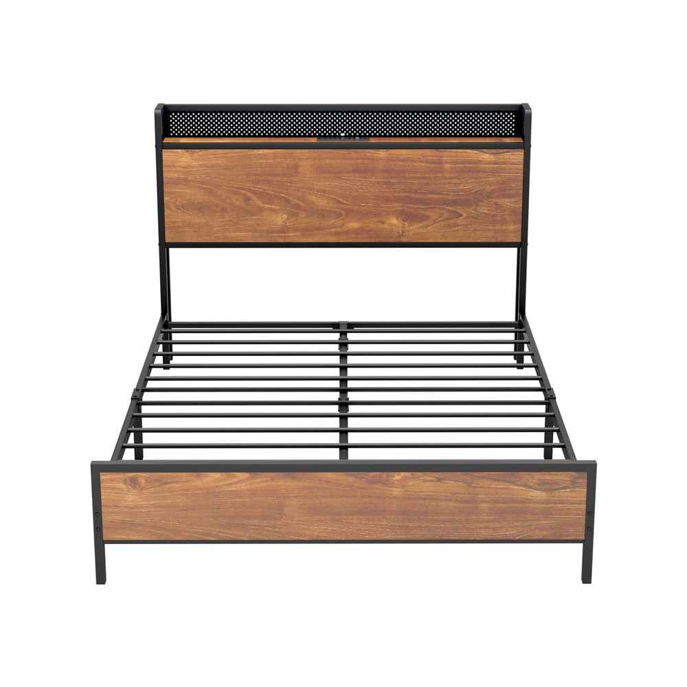 Oikiture Metal Bed Frame Double Size LED USB Charge Storage Headboard
