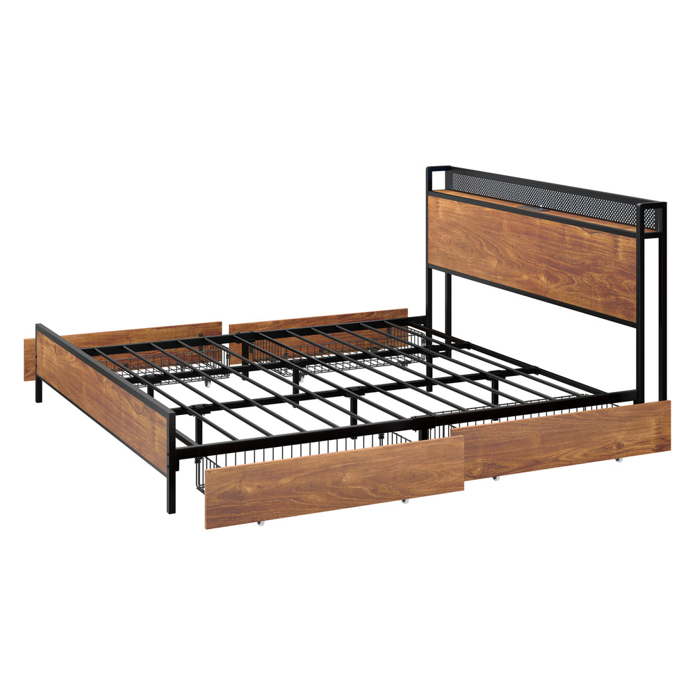 Oikiture Metal Bed Frame King Size LED Headboard 4 Storage Drawers USB