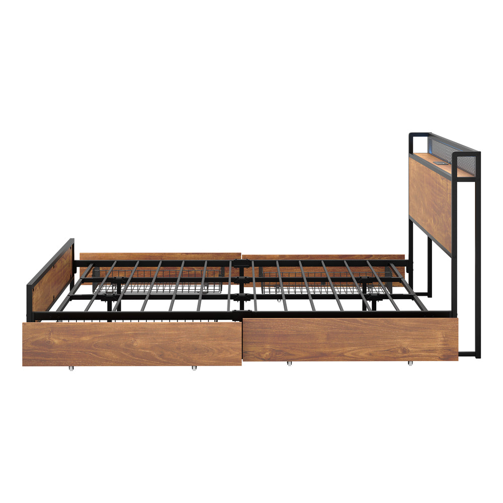 Oikiture Metal Bed Frame King Size LED Headboard 4 Storage Drawers USB