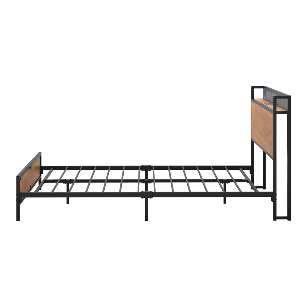 Oikiture Metal Bed Frame King Size LED USB Charge Storage Headboard