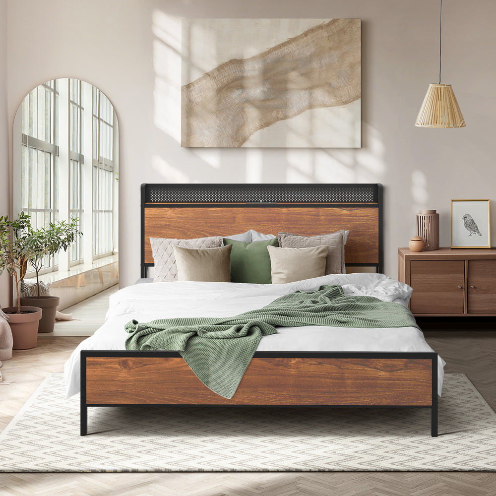 Metal Bed Frame King LED Light USB Charge Storage Headboard