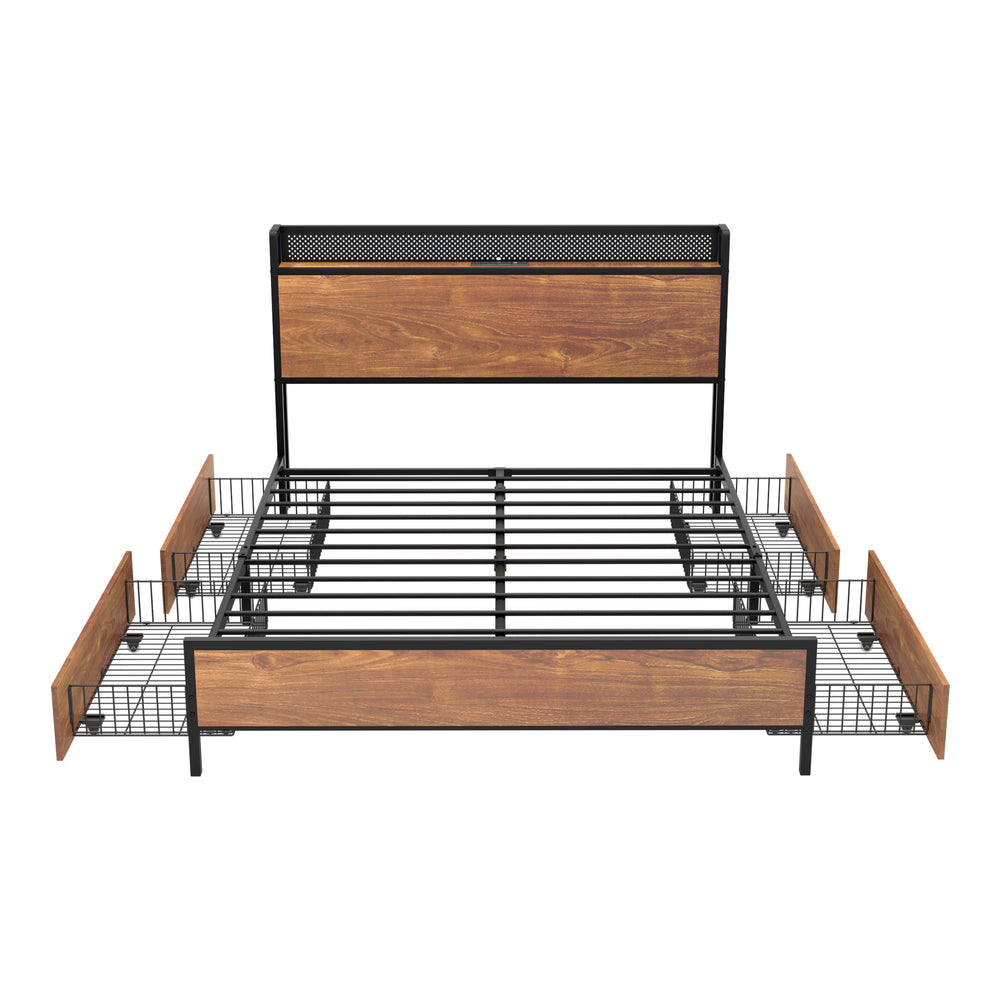 Metal Bed Frame Queen LED Headboard 4 Storage Drawers USB