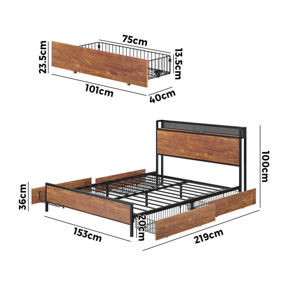 Metal Bed Frame Queen LED Headboard 4 Storage Drawers USB