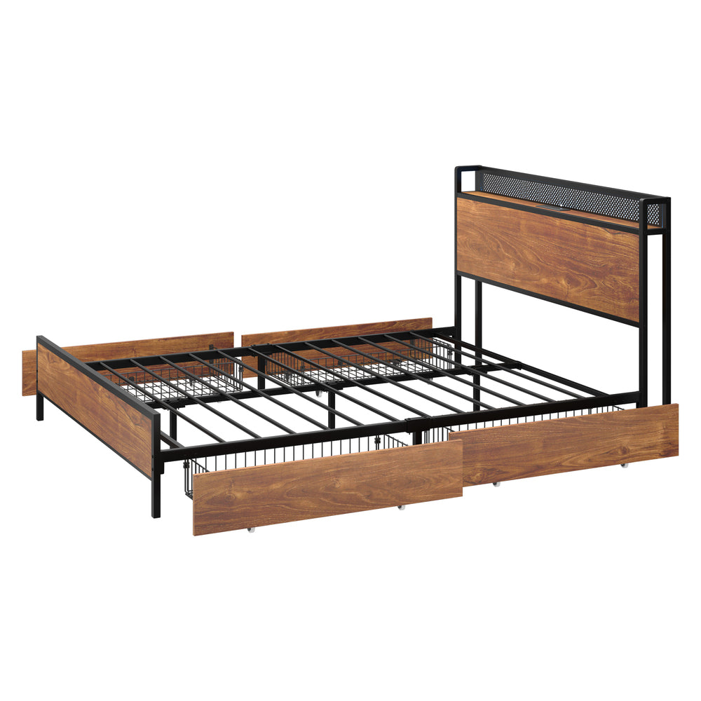 Metal Bed Frame Queen LED Headboard 4 Storage Drawers USB