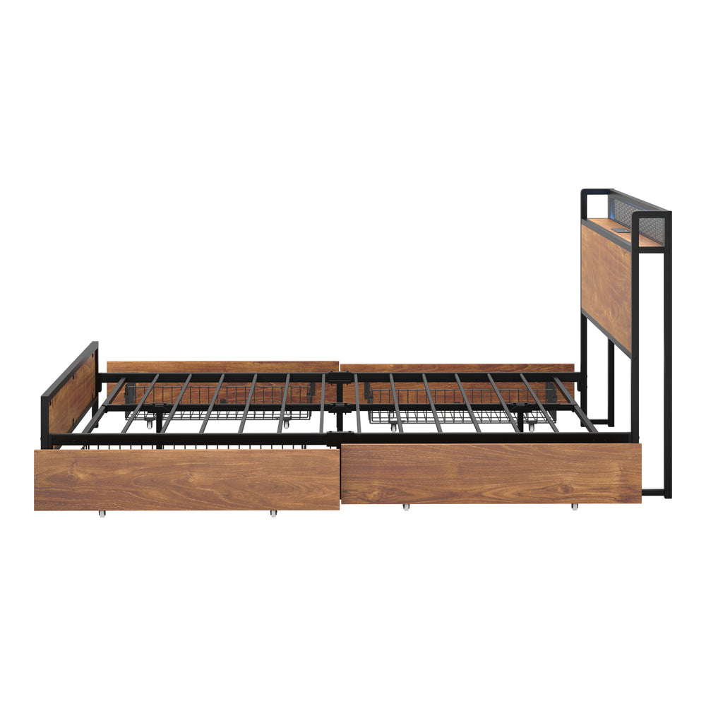 Metal Bed Frame Queen LED Headboard 4 Storage Drawers USB