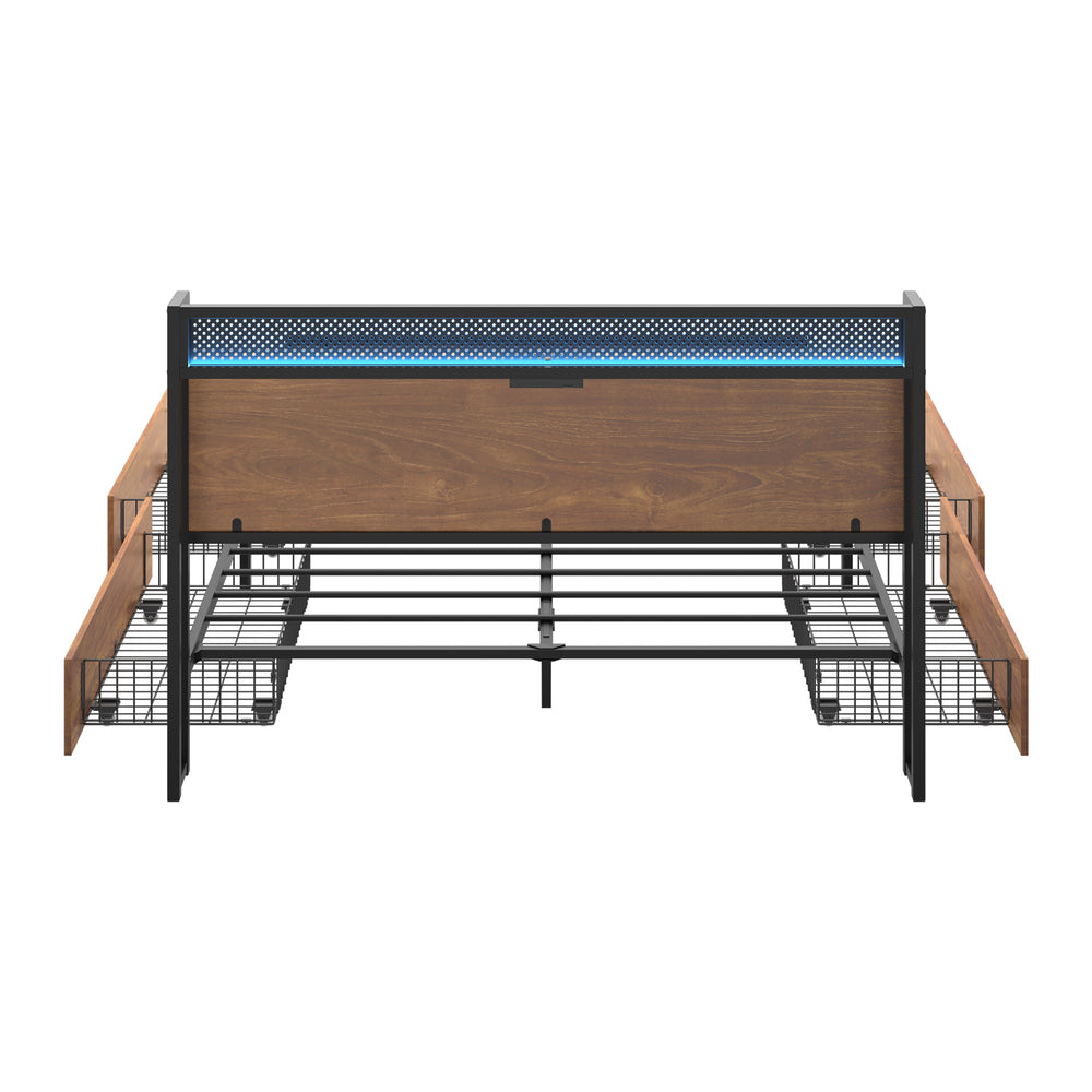 Metal Bed Frame Queen LED Headboard 4 Storage Drawers USB