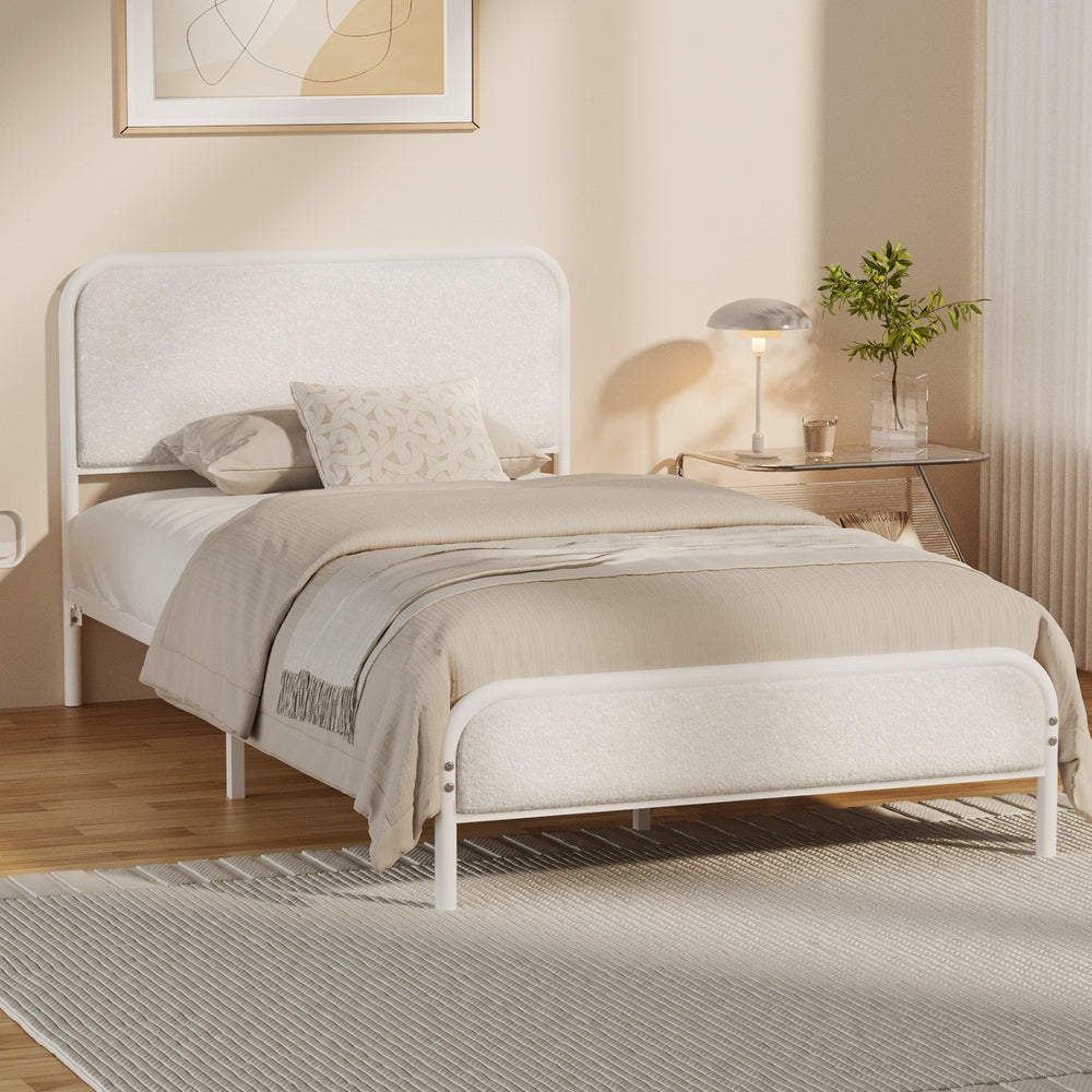 Metal Bed Frame King Single Size Bedhead Boucle Fabric Beige