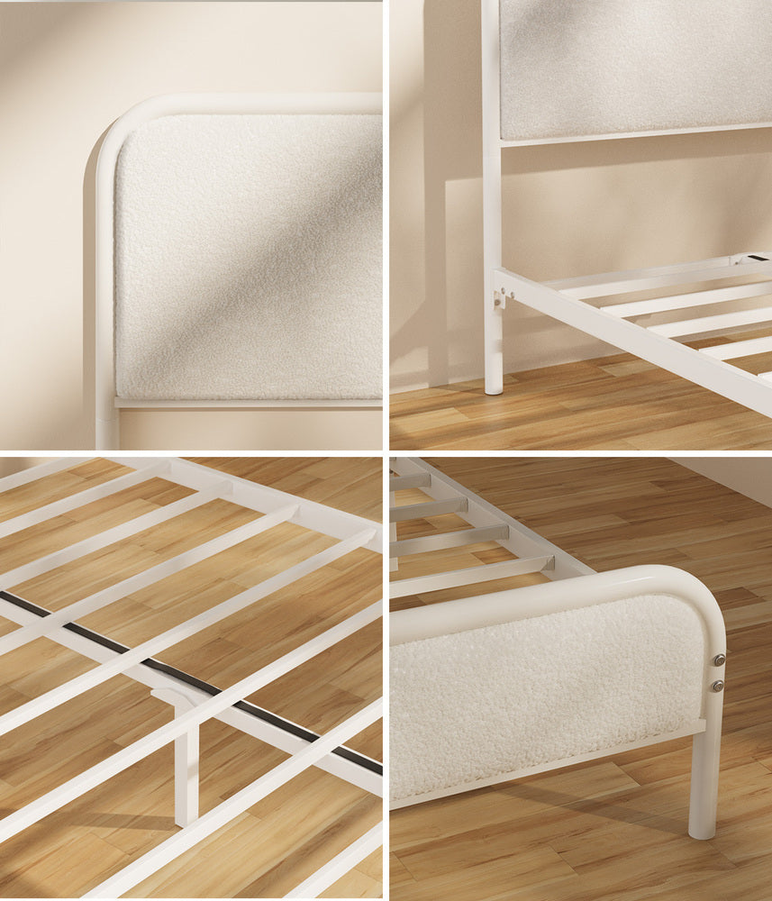 Metal Bed Frame King Single Size Bedhead Boucle Fabric Beige