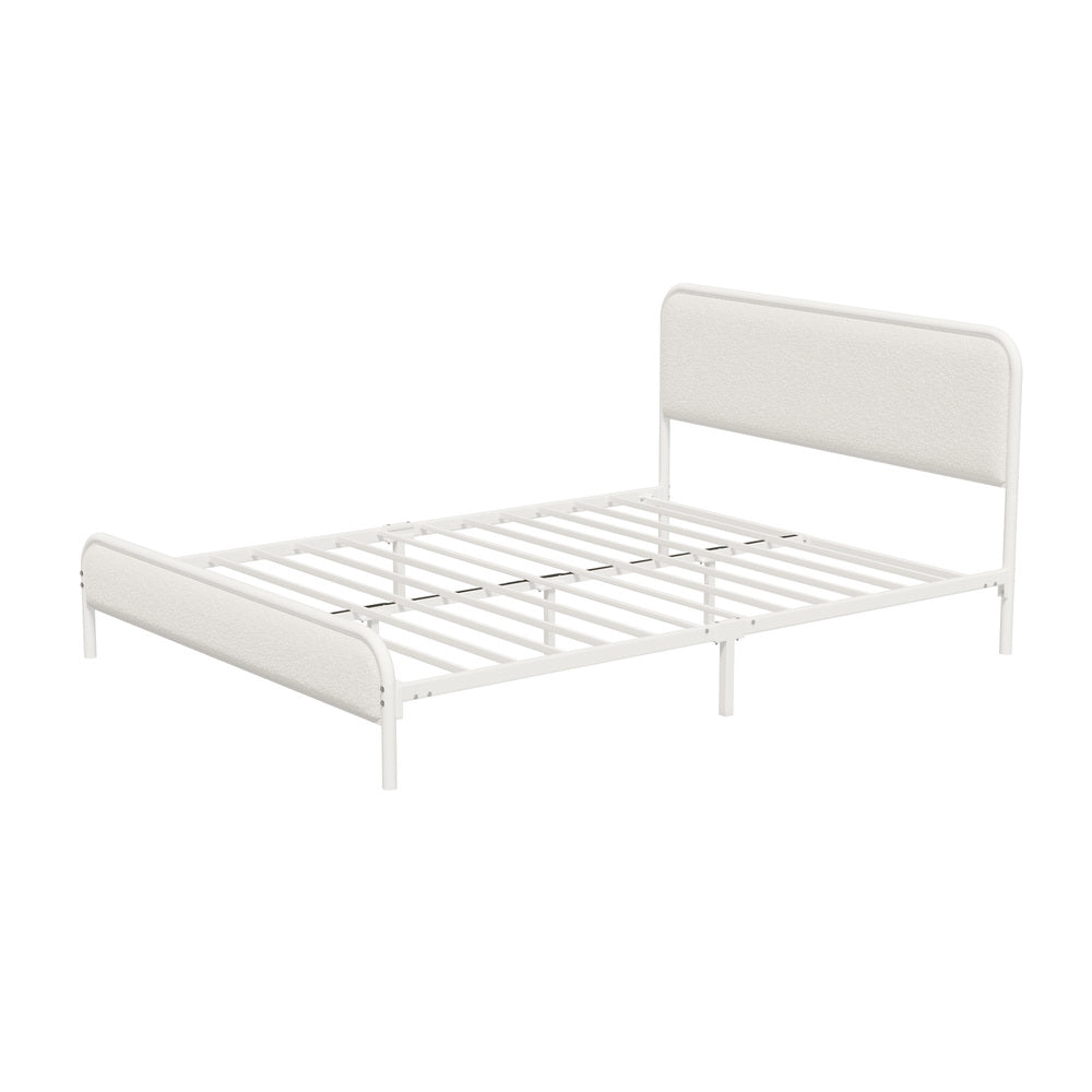Metal Bed Frame Queen Size Bedhead Boucle Fabric Beige
