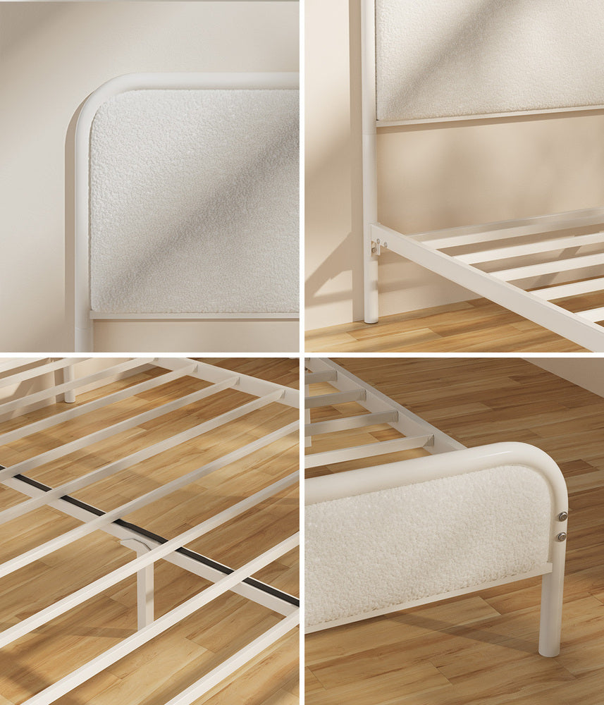 Metal Bed Frame Queen Size Bedhead Boucle Fabric Beige