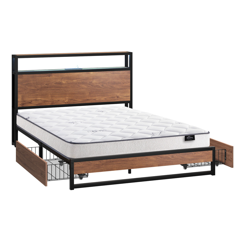 Metal Bed Frame Double Size LED 2 Drawers USB with Mattress
