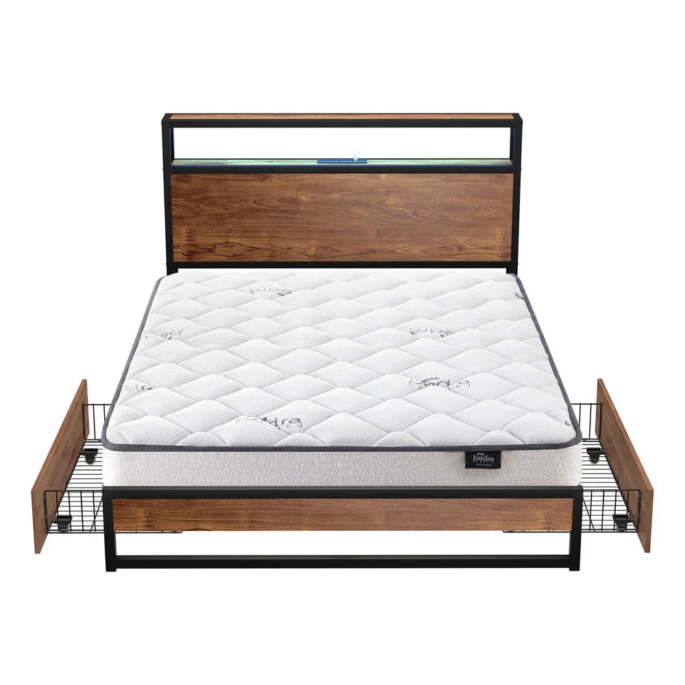 Industrial Metal Bed Frame w/ LED Shelf + Double Bonnell Mattress, Brown
