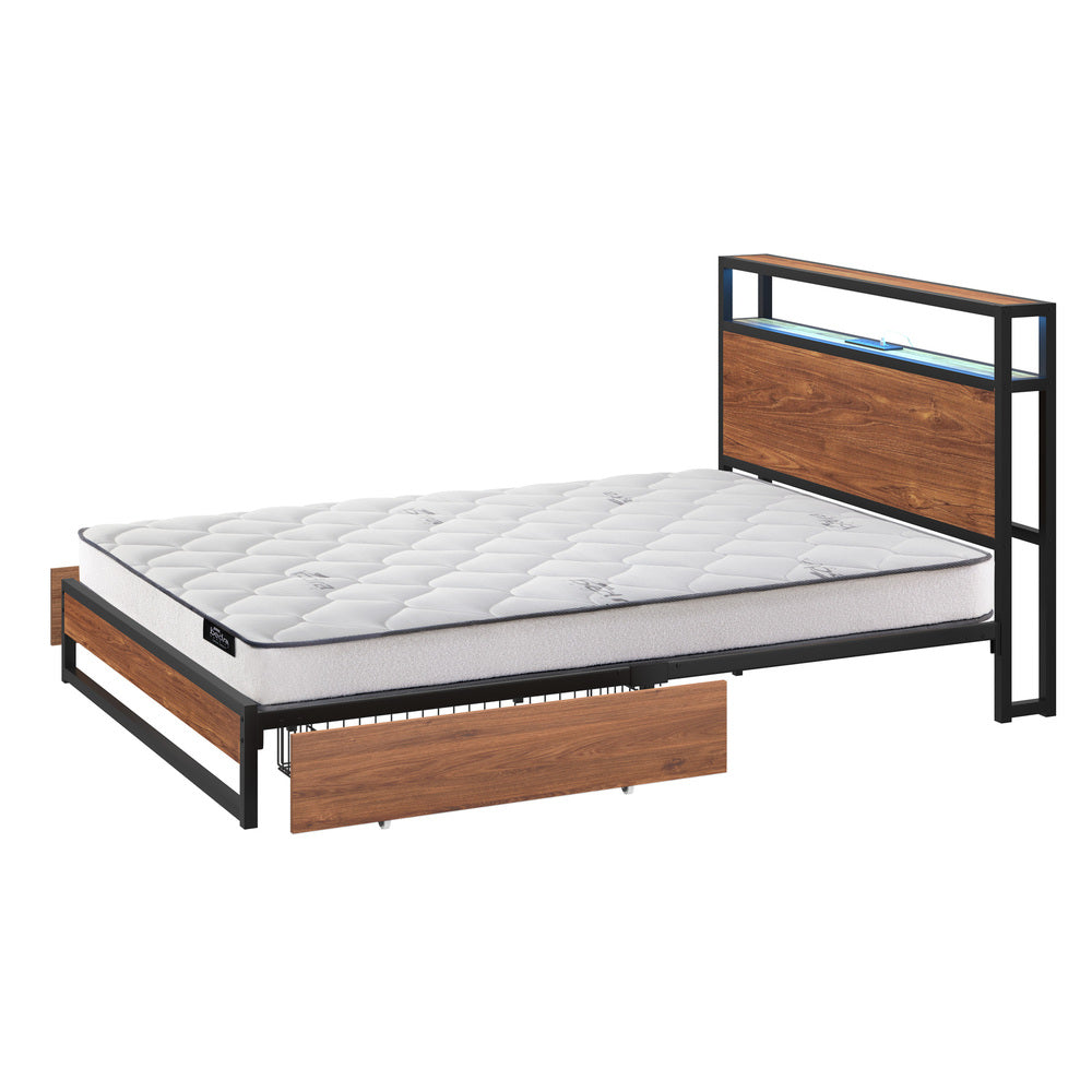 Industrial Metal Bed Frame w/ LED Shelf + Double Bonnell Mattress, Brown