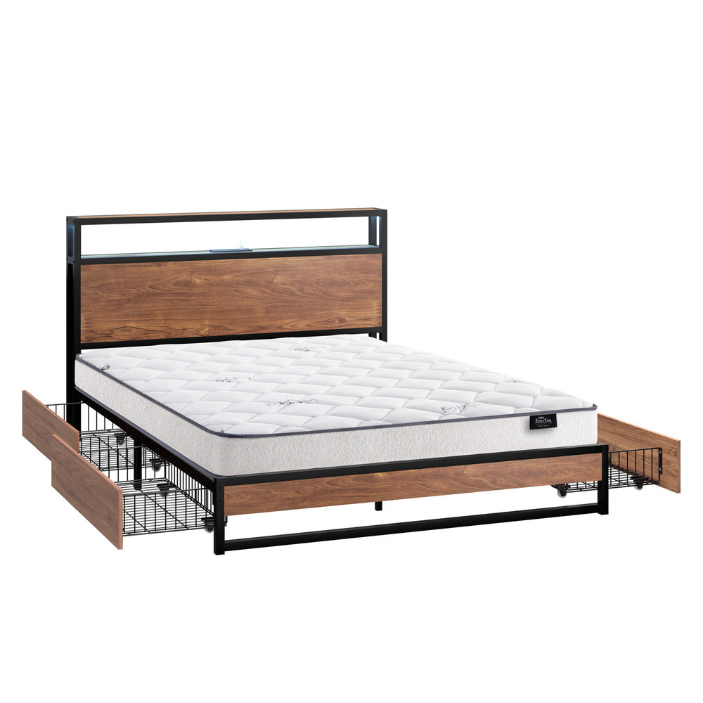 Metal Bed Frame King Size LED 4 Drawers USB with Mattress