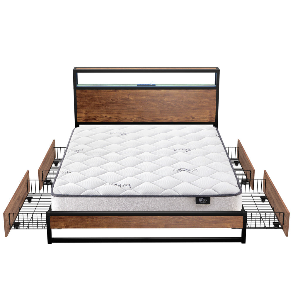 Oikiture Metal Bed Frame King LED 4 Storage Drawers USB with Mattress