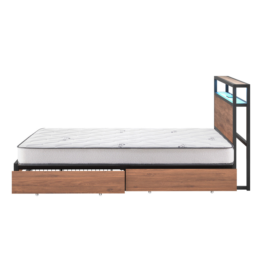 Oikiture Metal Bed Frame King LED 4 Storage Drawers USB with Mattress