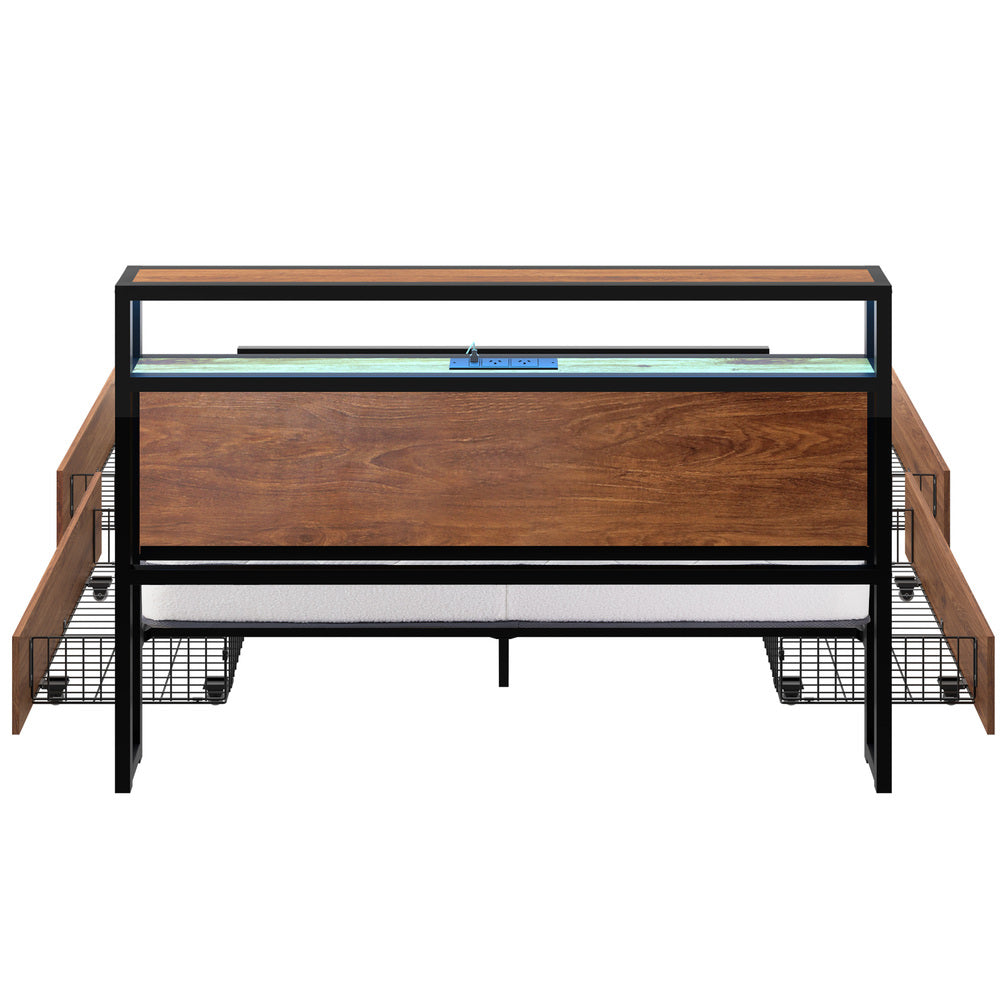 Metal Bed Frame King Size LED 4 Drawers USB with Mattress