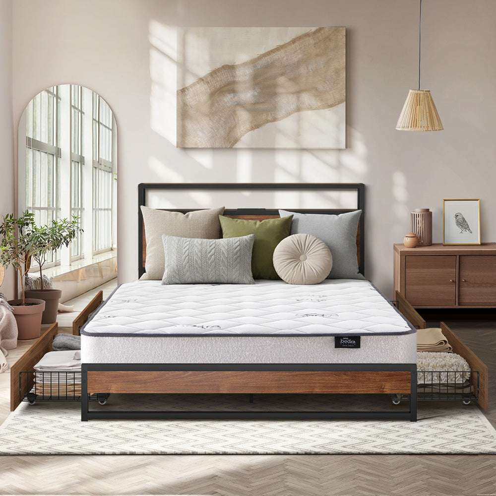 Oikiture Metal Bed Frame King LED 4 Storage Drawers USB with Mattress