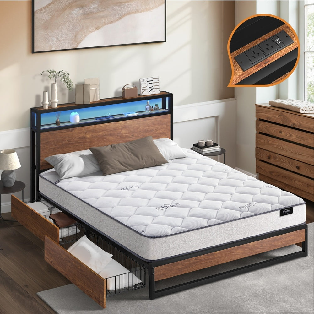 Metal Bed Frame King Size LED 4 Drawers USB with Mattress