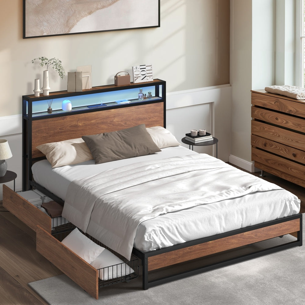 Oikiture Metal Bed Frame Double LED Storage Headboard USB Charging & 2 Drawers