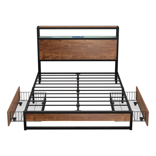 Oikiture Double Metal Bed Frame – LED Headboard, USB, Storage Shelf & Drawers (Brown)