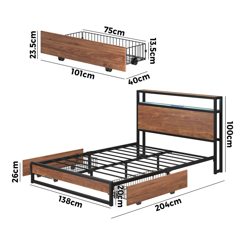 Oikiture Metal Bed Frame Double LED Storage Headboard USB Charging & 2 Drawers
