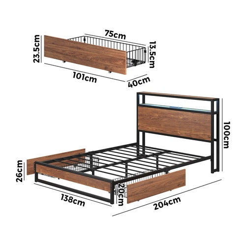 Oikiture Double Metal Bed Frame – LED Headboard, USB, Storage Shelf & Drawers (Brown)