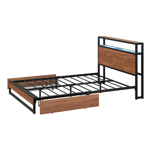 Oikiture Double Metal Bed Frame – LED Headboard, USB, Storage Shelf & Drawers (Brown)