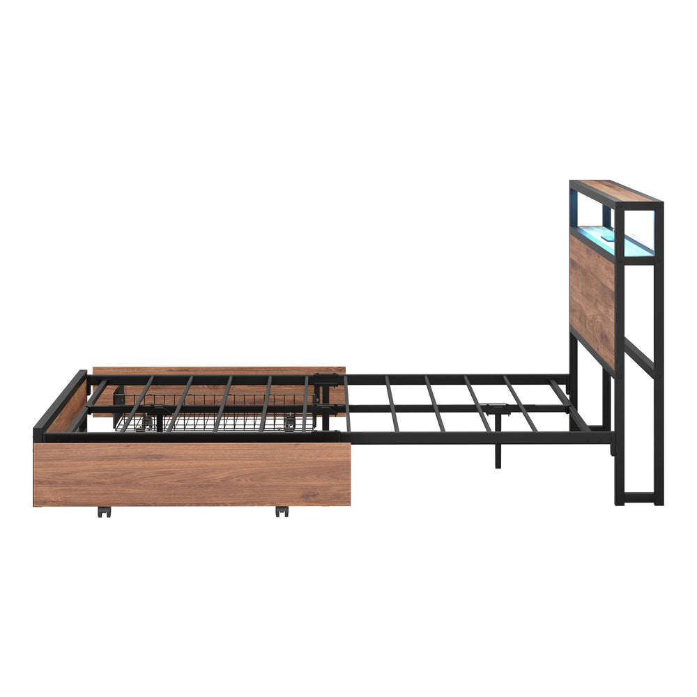Oikiture Metal Bed Frame Double LED Storage Headboard USB Charging & 2 Drawers