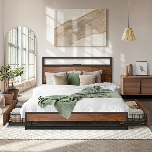 Oikiture Double Metal Bed Frame – LED Headboard, USB, Storage Shelf & Drawers (Brown)