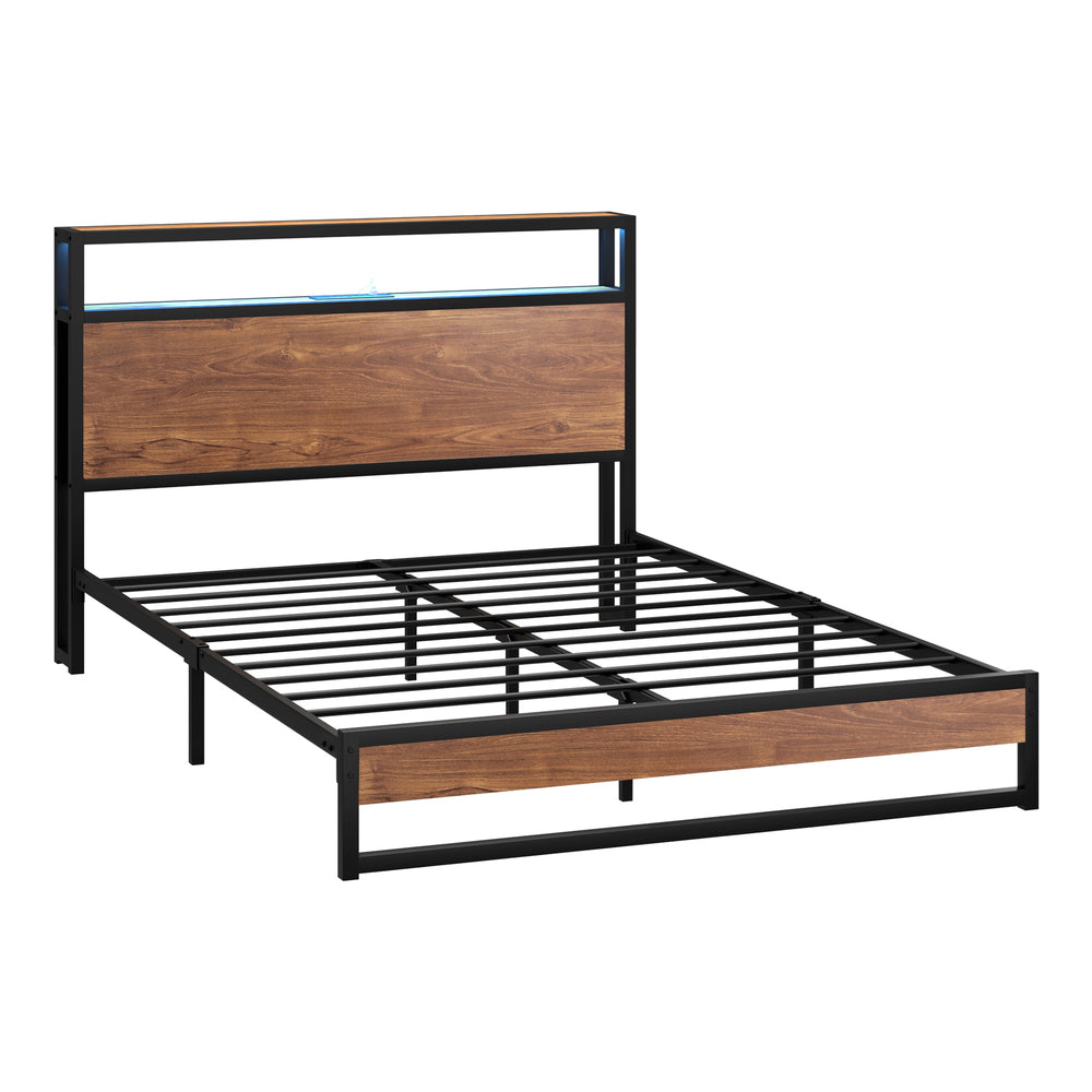 Oikiture Metal Bed Frame Double Size LED Storage Headboard USB Charge