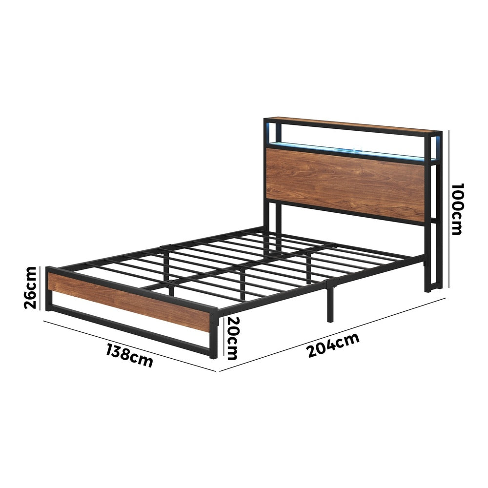 Oikiture Metal Bed Frame Double Size LED Storage Headboard USB Charge