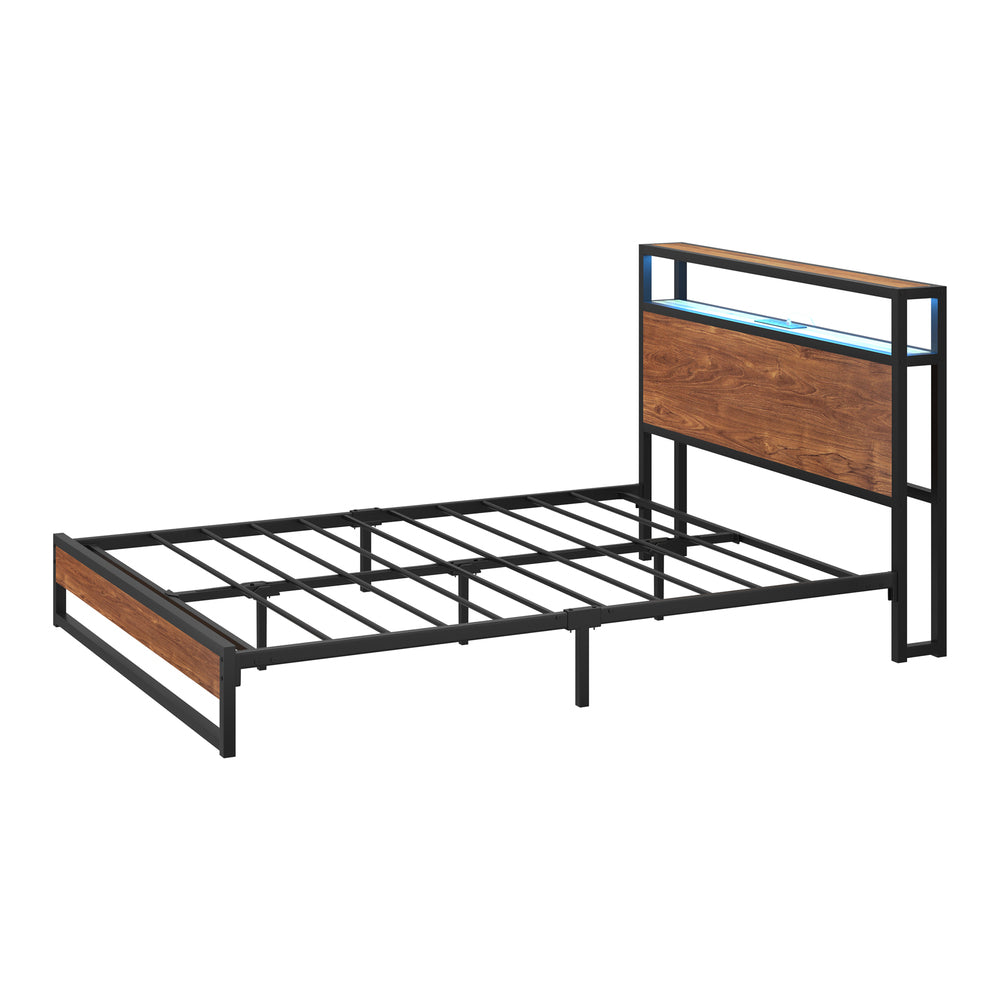 Oikiture Metal Bed Frame Double Size LED Storage Headboard USB Charge