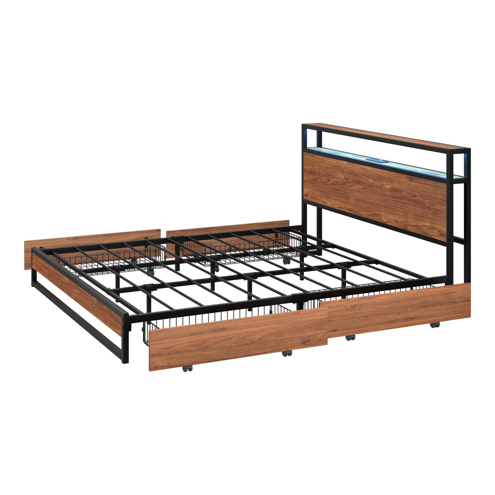 Oikiture Metal Bed Frame King LED Storage Headboard USB Charging & 4 Drawers