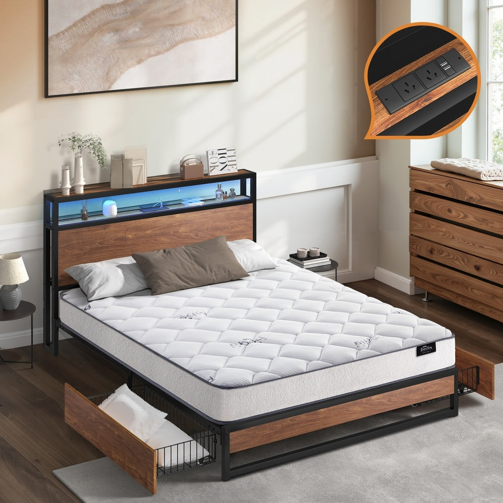 Metal Bed Frame Double Size LED 2 Drawers USB with Mattress