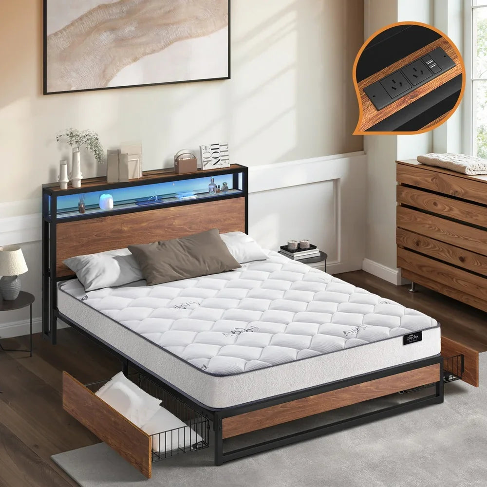Industrial Metal Bed Frame w/ LED Shelf + Double Bonnell Mattress, Brown