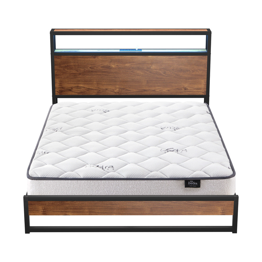 Metal Bed Frame Double Size LED Storage USB with Mattress