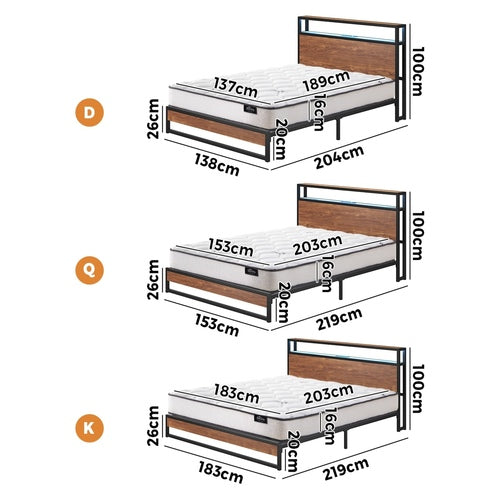 Metal Bed Frame + Mattress – LED Shelf, USB/Power Ports, Double, Brown