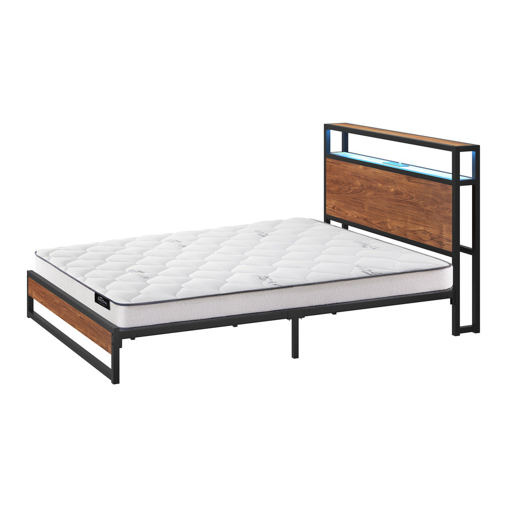 Oikiture Metal Bed Frame Queen Size LED Storage USB with Mattress