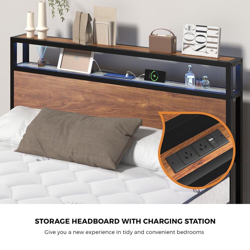 Oikiture Metal Bed Frame Queen Size LED Storage USB with Mattress