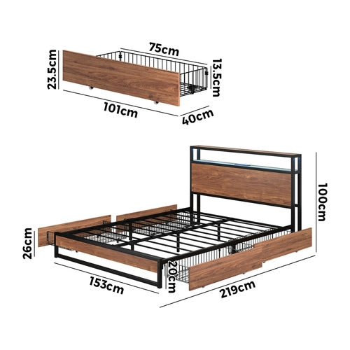 Metal Bed Frame Queen LED Headboard Storage Drawers USB