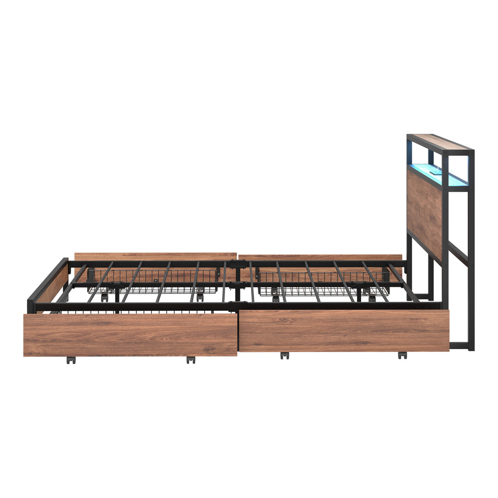 Oikiture Metal Bed Frame Queen LED Storage Headboard USB Charging & 4 Drawers