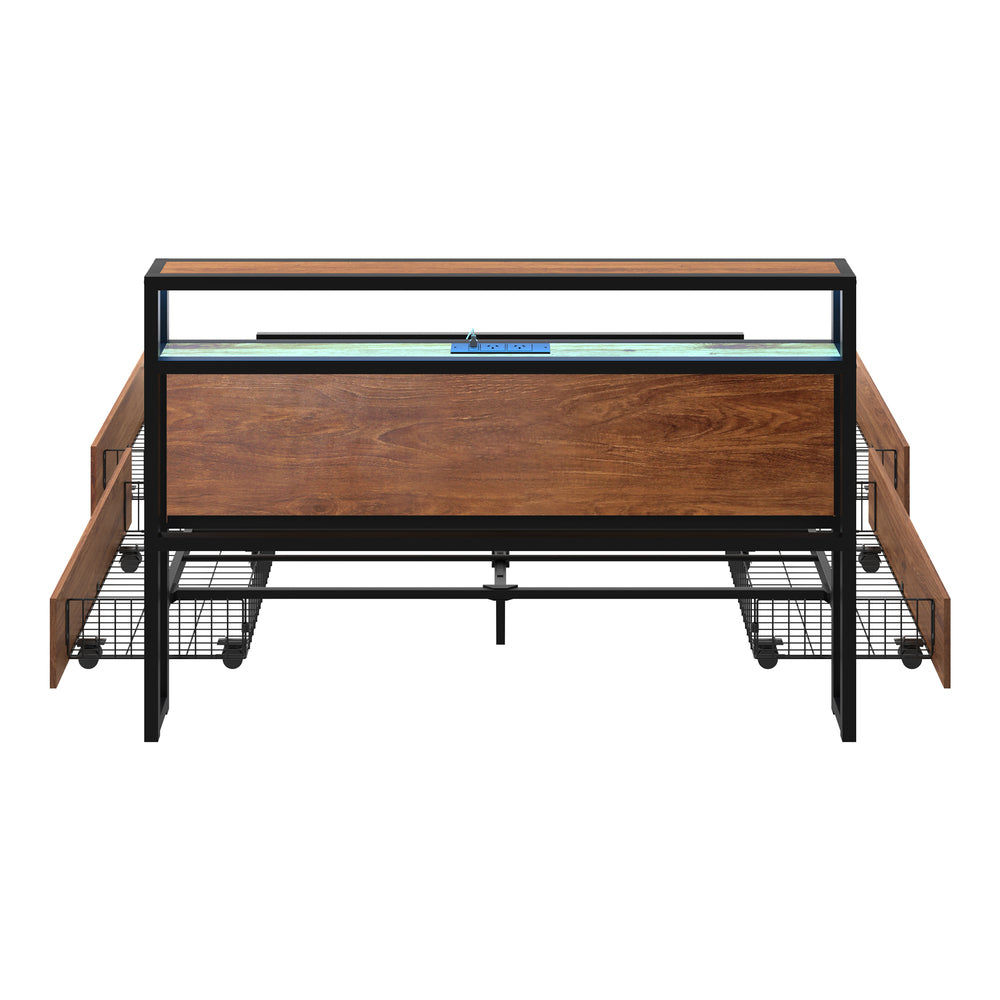 Oikiture Metal Bed Frame Queen LED Storage Headboard USB Charging & 4 Drawers