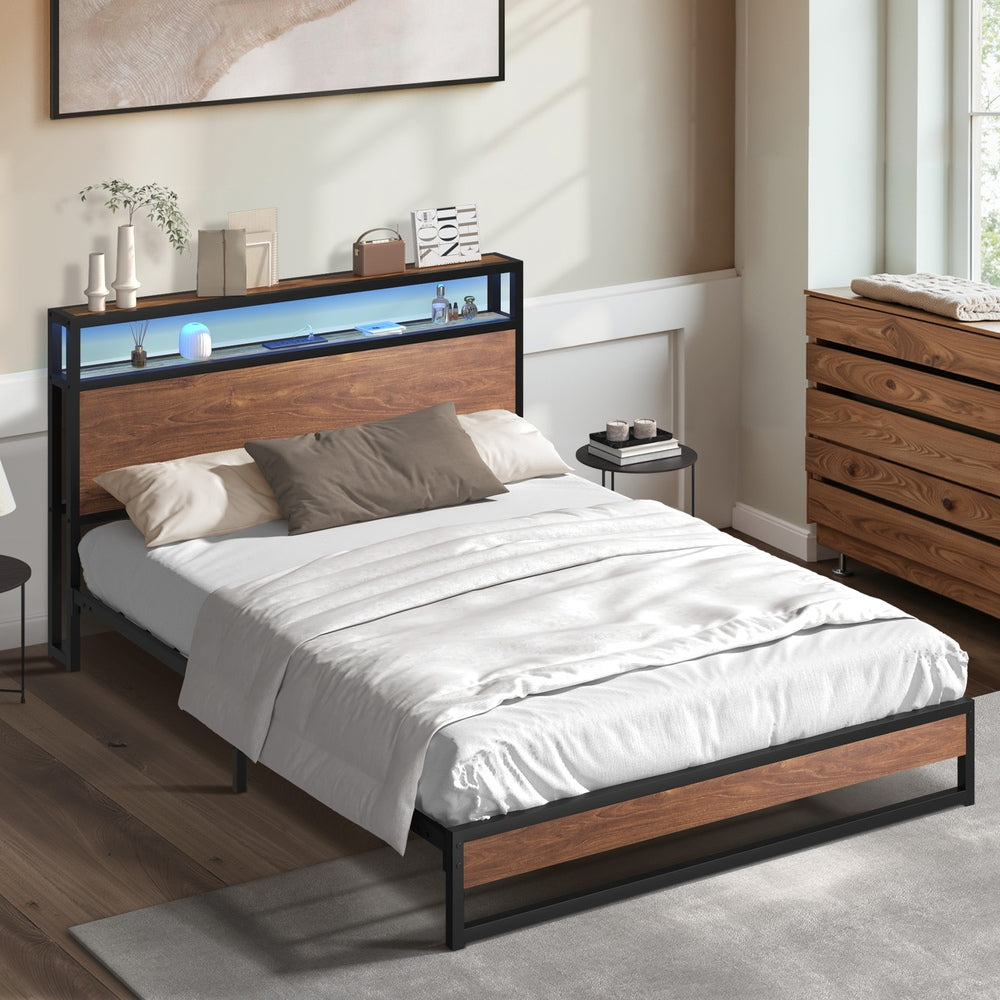 Oikiture Metal Bed Frame Queen Size LED Storage Headboard USB