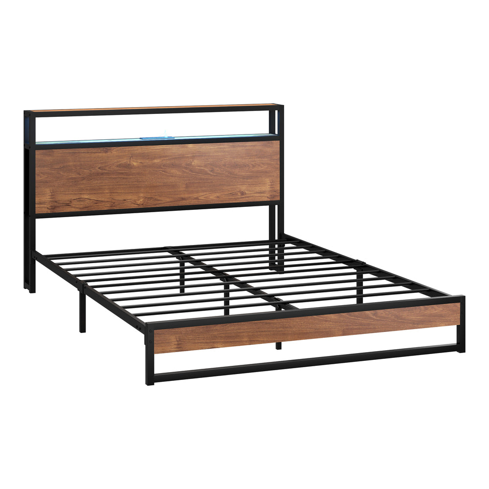 Oikiture Metal Bed Frame Queen Size LED Storage Headboard USB Charge