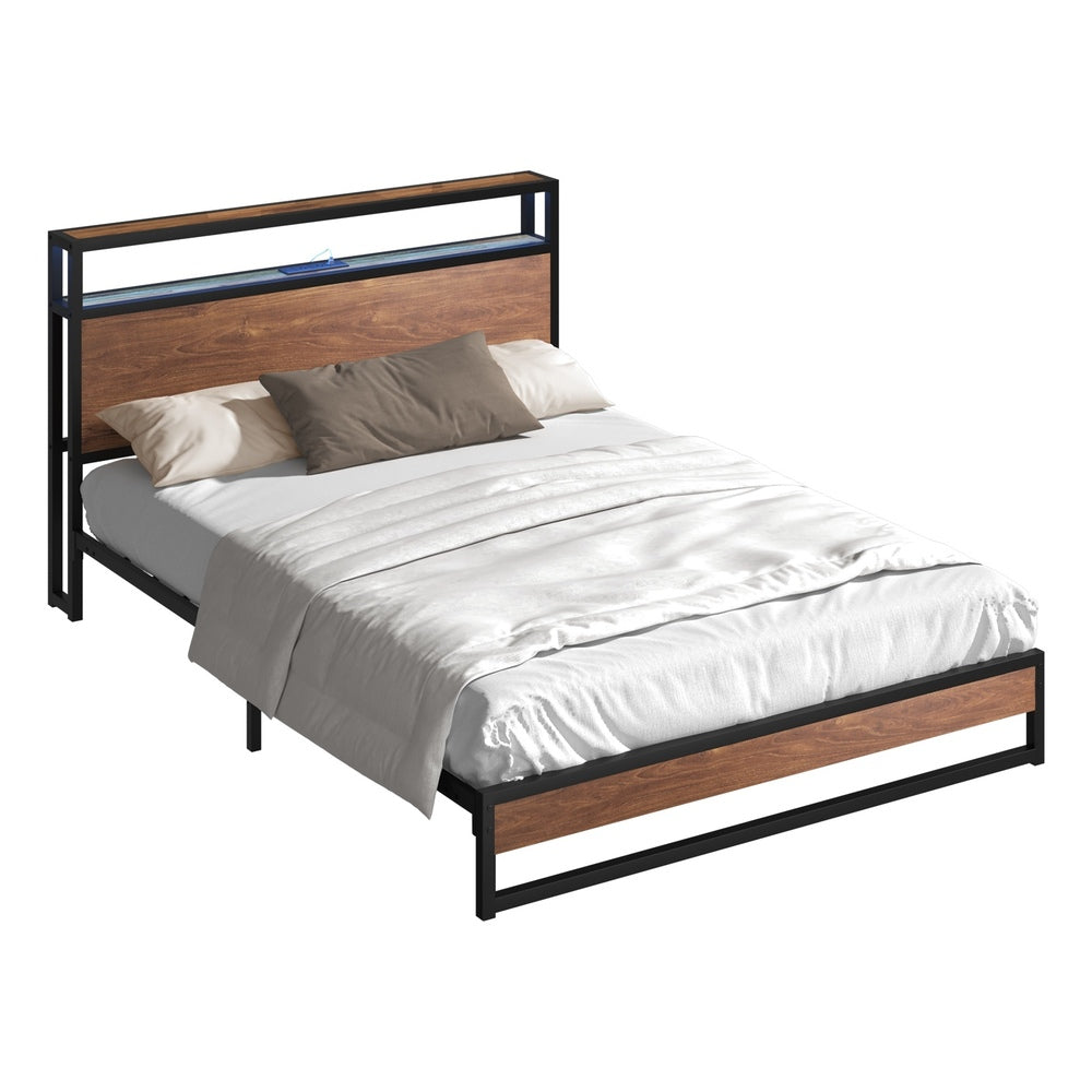 Oikiture Metal Bed Frame Queen Size LED Storage Headboard USB