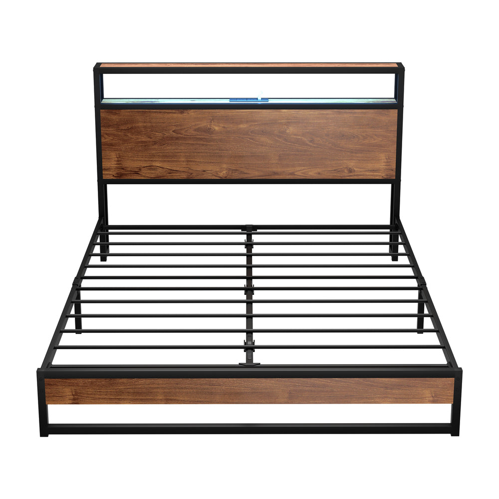 Oikiture Metal Bed Frame Queen Size LED Storage Headboard USB