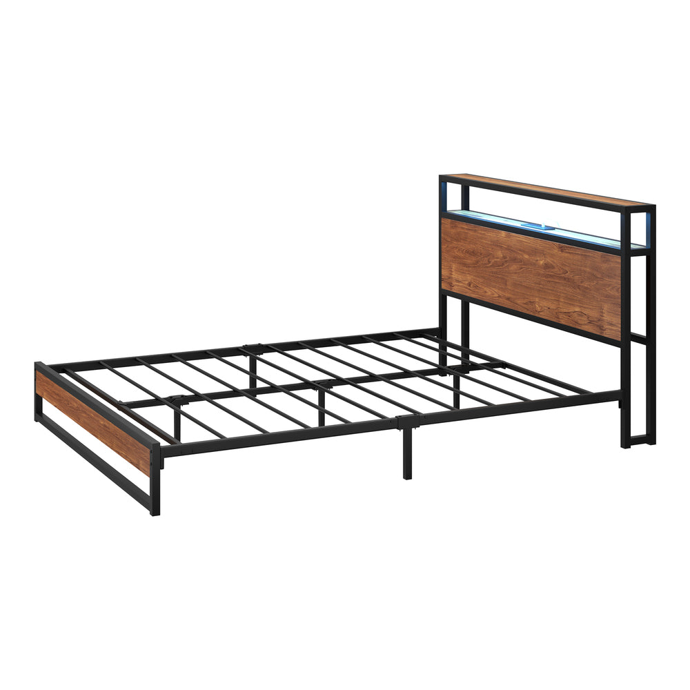 Oikiture Metal Bed Frame Queen Size LED Storage Headboard USB Charge